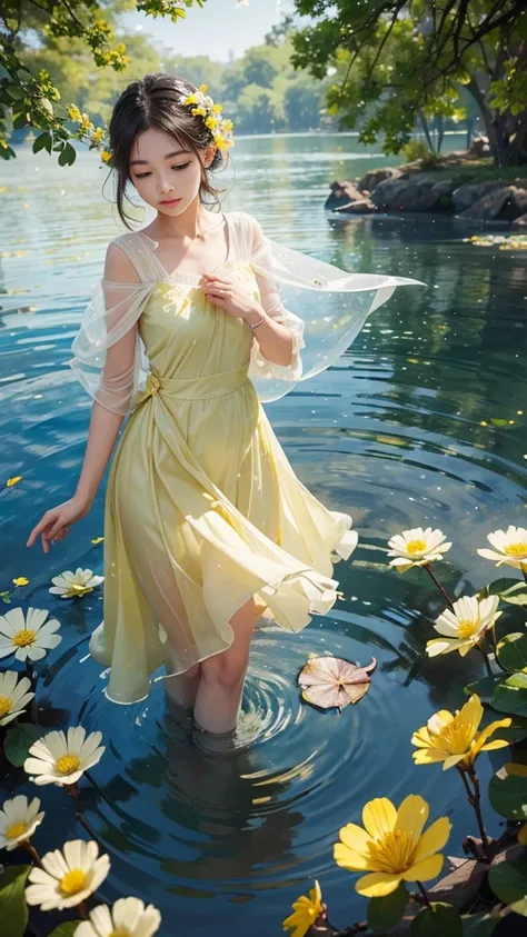 adorable_girl,fair_skin,huge filesize,colorful,There are many scattered luminous petals,Hidden in the light yellow flowers,Depth of field,Many flying drops of water,Many scattered leaves,branch ,angle ,contour deepening,cinematic angle,