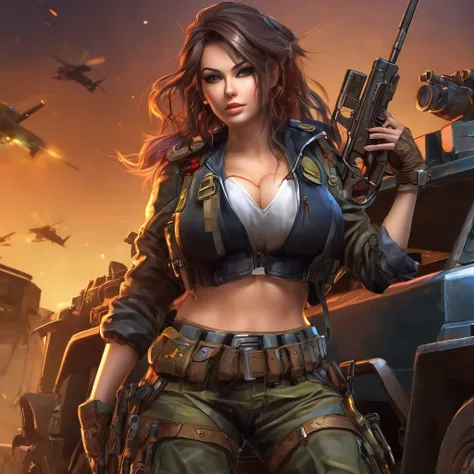 (best quality,highres,ultra-detailed,realistic:1.37), busty mercenary, teasing pose, cute face, huge breasts, sexy combat outfit, ammo belt, weapons, leaning on war wagon, full body, illustrations, studio lighting, intense colors, sharp focus.