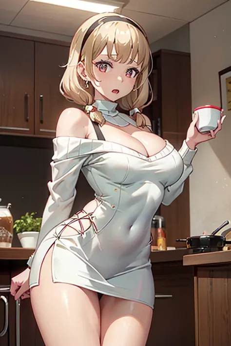 masterpiece, yor, 1girl, Amazing Cleavage:1.3, thin waist, big ass, Raised sexy, medium breast: 1.8 posed cleavage:1.2、solo, looking at viewer, open mouth, have a cup of coffee,black hair, red eyes, dress, bare shoulders, jewelry, collarbone, sidelocks, ha...