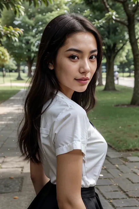 Young French-Japanese mixed race, 22 years old, cheveux long noir , beautiful detailed face, yeux noirs, Beautiful lip, corps naturels , in a park outdoors, eye-liner, dressed in white blouse and black skirt, petit sourire en coin, reflets du soleil sur so...