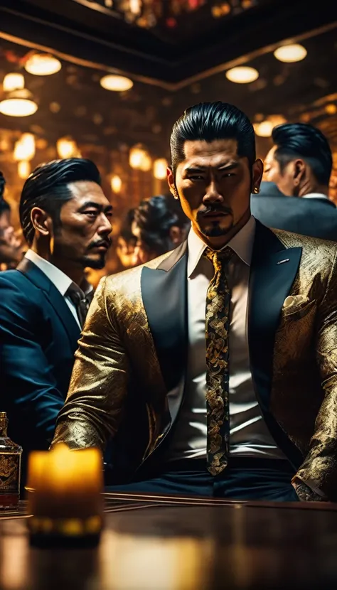 Yakuza members enjoying a night of revelry and excess, surrounded by wealth and luxury, detail, shot, dramatic, daylight, indoor studio lights, medium shot , highly detailed, vibrant, detailed textures, medium shot, ultrawide, full length shot, realistic, ...