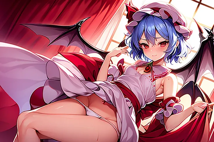 ((Remilia Scarlet))、She is wearing a very thin, see-through sheet around her body.、((One Girl))、Luxury Background、Transparent cloth、Sigh、(((close range))),Provocative，blush,sigh,pee,sweat, See through ,camel toe,panty focus,zoom panty,love juice 