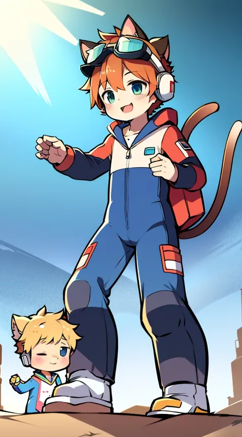 2D Boy Shota，One-piece ski suit，Slim, healthy body，Put the headphones on your head，stand up，goggles，Cat ear，happy，Sailor collar，Lovely