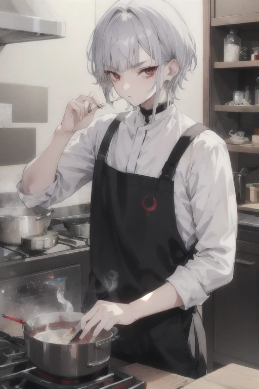 cooking　cock　Twenty-year-old man　Add tobacco　Eyebrows twisting　Silver Hair　Smoking a cigarette　Red eyes