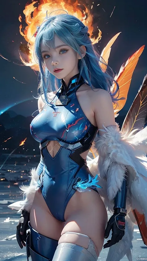 adorable_girl,fair_skin,petite,baby face,smile,huge filesize,wallpaper,colorful,lolita,cyberpunk city,(blue spark),(red and blue hair),blue eyes, burning sky,flame,Rainbow in the sky,((Flames burning ice)),(((fire butterflies))),(((ice crystal texture wing...