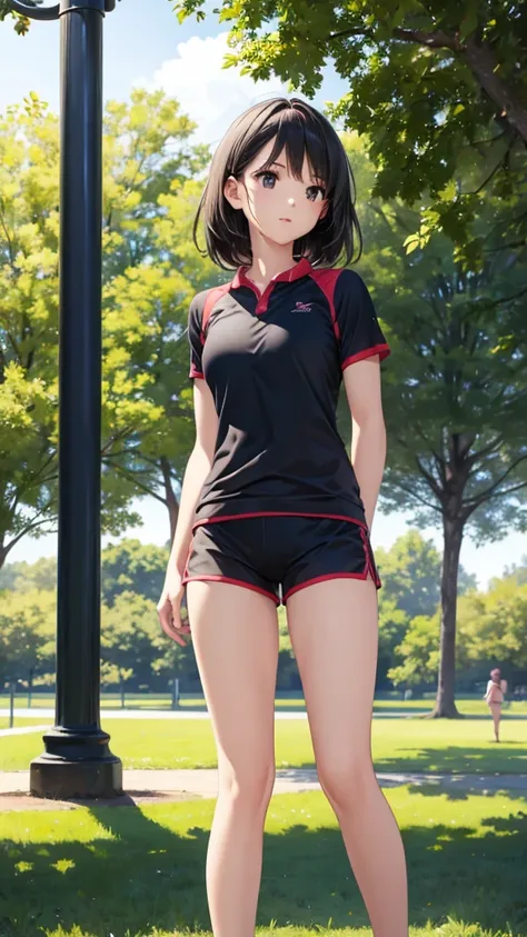 Girl in the park, sports shorts, black hair, doing a warm-up, front view, short shorts, day, hyperrealism, sport body, Full height, facing the camera