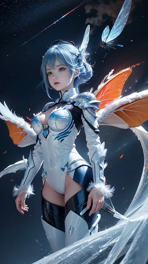 adorable_girl,fair_skin,baby face,huge filesize,wallpaper,colorful,mecha clothes, robot girl, sliver bodysuit, dragon wings, ((a dragon stands behind the girl)), beautiful detailed sliver dragon armor,(blue spark),(red and blue hair),blue eyes, burning sky...