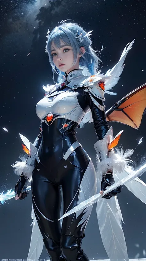 adorable_girl,fair_skin,baby face,huge filesize,wallpaper,colorful,mecha clothes, robot girl, sliver bodysuit, dragon wings, ((a dragon stands behind the girl)), beautiful detailed sliver dragon armor,(blue spark),(red and blue hair),blue eyes, burning sky...