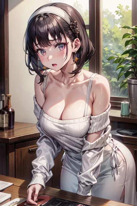 masterpiece, yor, 1girl, Amazing Cleavage:1.3, thin waist, big ass, Raised sexy, medium breast: 1.8 posed cleavage:1.2、solo, looking at viewer, open mouth, have a cup of coffee,black hair, red eyes, dress, bare shoulders, jewelry, collarbone, sidelocks, ha...