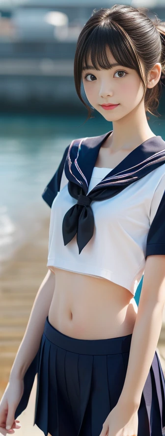 quality,Photo quality,ultra high resolution,professional lighting,,beautiful actress,thin face,Healthy complexion,Japanese,black hair,（short bangs),ponytail,(Japanese high school sailor suit:1.1),small breasts,natural makeup,navel,short sleeve,thin waist,