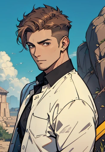 (((best quality, artwork))) , human Male  With brown fade hair Style, wearing shirt 