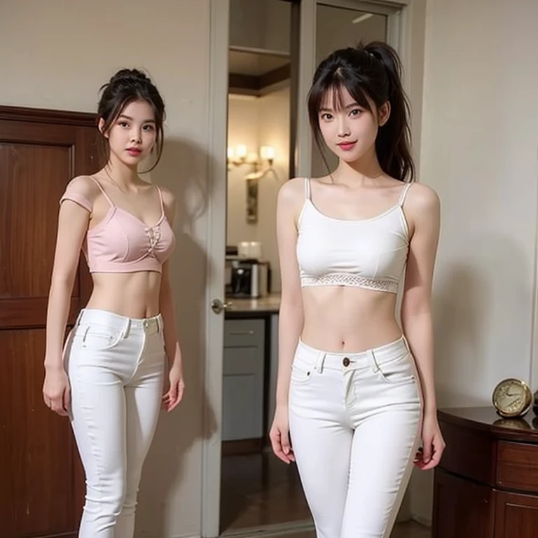 girl in white and tight jeans posing for photo，put your arms behind your back，full body love，with a short t-shirt、bra，slim，small...