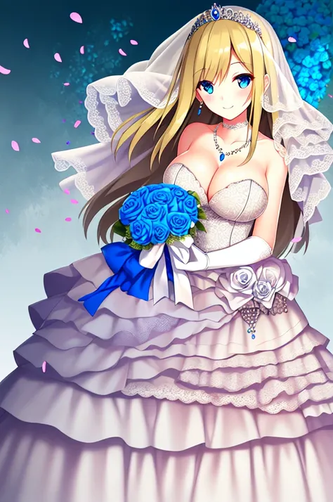 ((masterpiece)), (((best quality))), ((ultra-detailed)), ((illustration)), ((disheveled hair)), ((frills)), (1 girl), (solo)，alternative costume, blonde hair, blue eyes, blue flower, blue rose, blush, bouquet, breasts, bridal veil, bug, butterfly, choker, ...