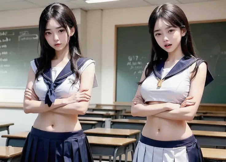 Group of Woman in front of classroom, ((white crop top sailor suit)), blue student skirts, open navel, open belly, (show abdomen area), ((((arms crossed over chest)))), crying, standing , (ready for punishment), (long shot)