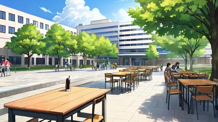 College campus,animated,image size 16:9, illustration, 
glasses, 
nakaniwa, tree, outdoors, table, food, day, building, cup
 