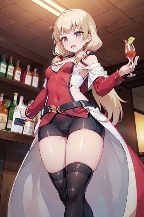 (from below:1.4),(from side:0.9), ((Face)), (Close-Up:0.4), masterpiece,"A 26-year-old girl stands at a bar counter. She is dressed in a stylish off-shoulder dress, sweater dress, off-shoulder sweater, red sweater,garter stocking, cleavage:1.1, midriff, bl...