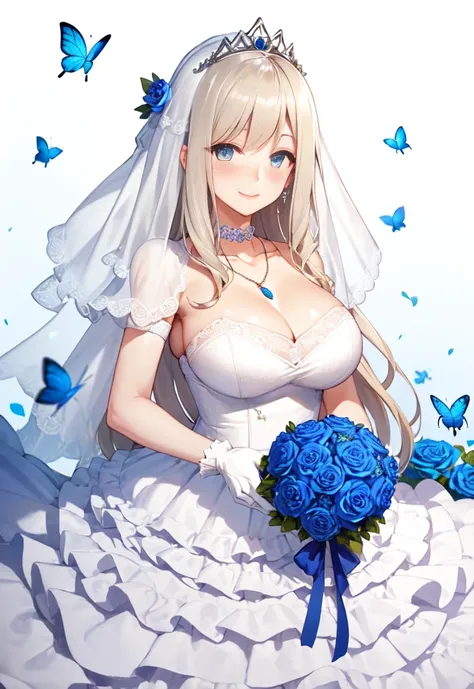 ((masterpiece)), (((best quality))), ((ultra-detailed)), ((illustration)), ((disheveled hair)), ((frills)), (1 girl), (solo)，alternative costume, blonde hair, blue eyes, blue flower, blue rose, blush, bouquet, breasts, bridal veil, bug, butterfly, choker, ...