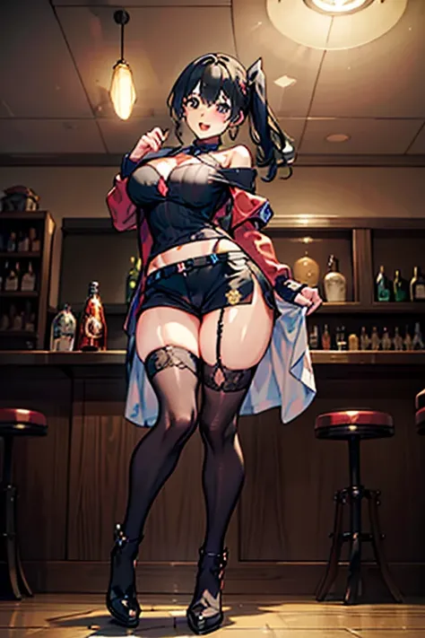 (from below:1.4),(from side:0.9), ((Face)), (Close-Up:0.4), masterpiece,"A 26-year-old girl stands at a bar counter. She is dressed in a stylish off-shoulder dress, sweater dress, off-shoulder sweater, red sweater,garter stocking, cleavage:1.1, midriff, bl...