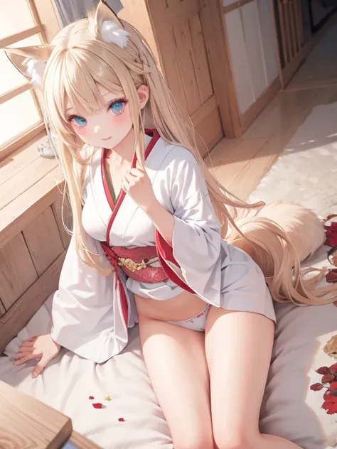 masterpiece, highest quality, Very detailed, 16k, Ultra-high resolution, Cowboy Shot, One 14-year-old girl, Detailed face, Perfect Fingers, Fox Ears, tail, Golden Eyes, Blonde, Long Hair, Red kimono, White panties, japanese mansion, wooden building, Japane...