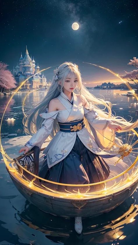 adorable_girl,fair_skin,huge filesize,colorful,beautiful detailed glow, detailed ice, beautiful detailed water, (magic circle:1.2), (floating palaces:1.3),beautiful detailed pampas grass field, open hakama, surrounded by floating sakura, yellow full moon, ...