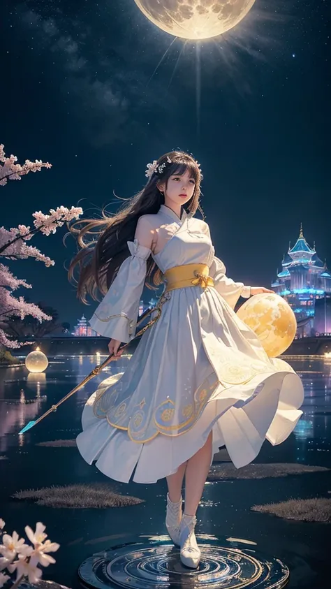 adorable_girl,fair_skin,huge filesize,colorful,beautiful detailed glow, detailed ice, beautiful detailed water, (magic circle:1.2), (floating palaces:1.3),beautiful detailed pampas grass field, open hakama, surrounded by floating sakura, yellow full moon, ...