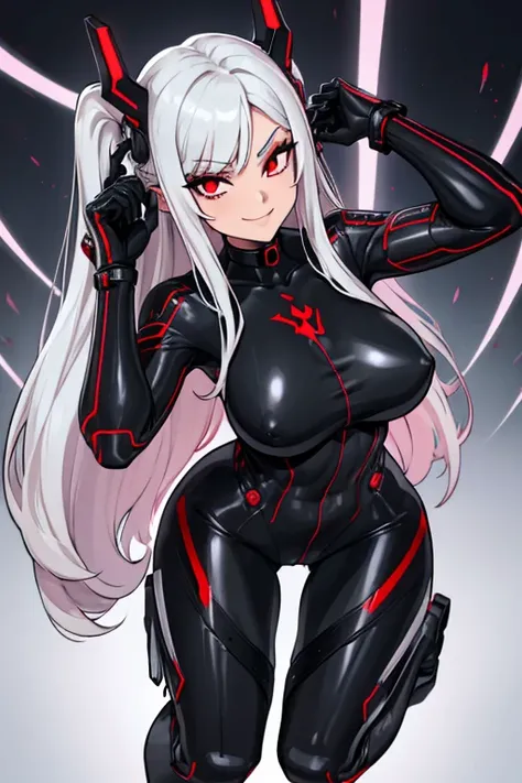 female, silver long hair with black highlights, red eyes, (((1girl))), (((red skintight bodysuit with black accents))), (black cybernetic gauntlets), (black cybernetic boots), (black choker with ruby), cute and sexy, full body, huge breasts, large butt, lo...