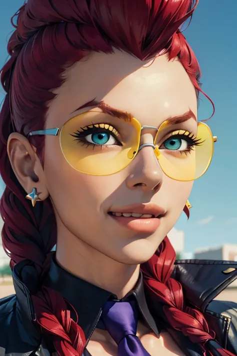 crimvip, red hair,earrings, pompadour, single braid, yellow glasses,cleavage, necktie between breasts, shirt, black jacket, looking at viewer, smiling, portrait, 
outside, blue sky, extreme detail, extreme detail, masterpiece, 