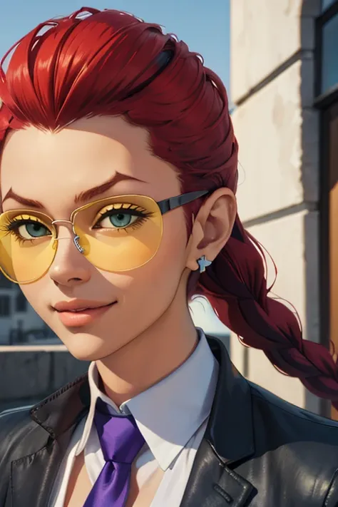 crimvip, red hair,earrings, pompadour, single braid, yellow glasses,cleavage, necktie between breasts, shirt, black jacket, looking at viewer, smiling, portrait, 
outside, blue sky, extreme detail, extreme detail, masterpiece, 