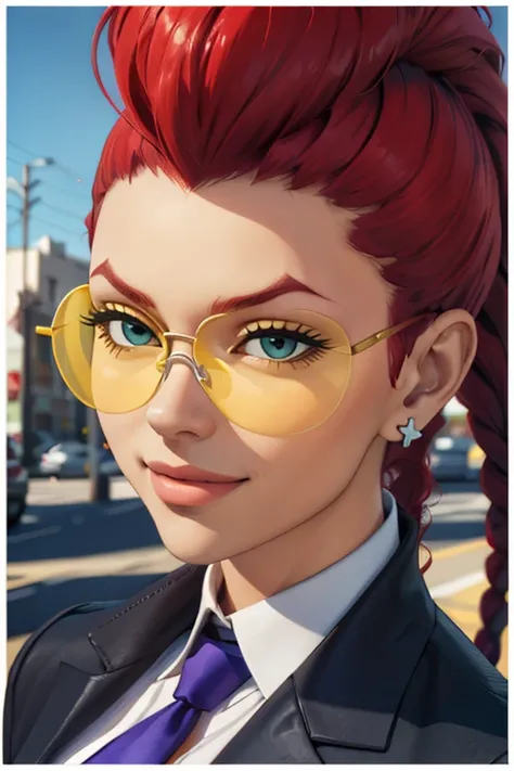 crimvip, red hair,earrings, pompadour, single braid, yellow glasses,cleavage, necktie between breasts, shirt, black jacket, looking at viewer, smiling, portrait, 
outside, blue sky, extreme detail, extreme detail, masterpiece, 