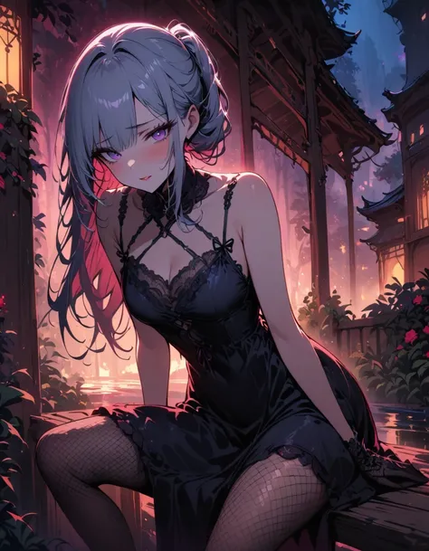 ((SFW)), (masterpiece, best quality, highres), 1 adult female, solo, nighttime, forest, Chinese castle in the background, sitting on a wooden bench, ((comfortable night gown)), long silver hair, pale pink lips, Fishnet tights, blushing, ((anxious, waiting ...