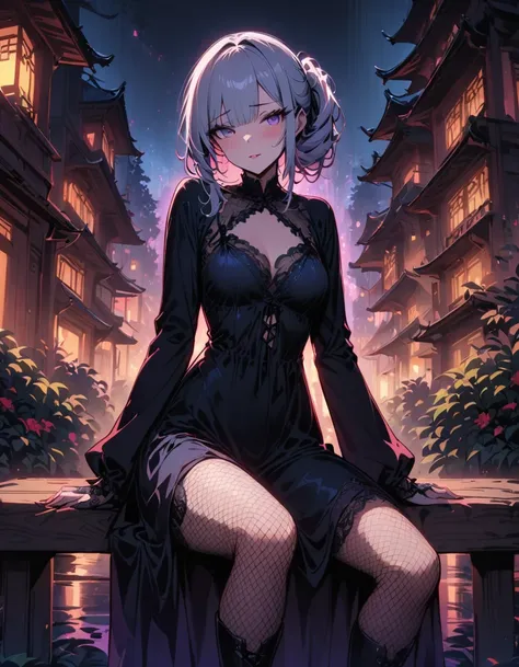 ((SFW)), (masterpiece, best quality, highres), 1 adult female, solo, nighttime, forest, Chinese castle in the background, sitting on a wooden bench, ((comfortable night gown)), long silver hair, pale pink lips, Fishnet tights, blushing, ((anxious, waiting ...