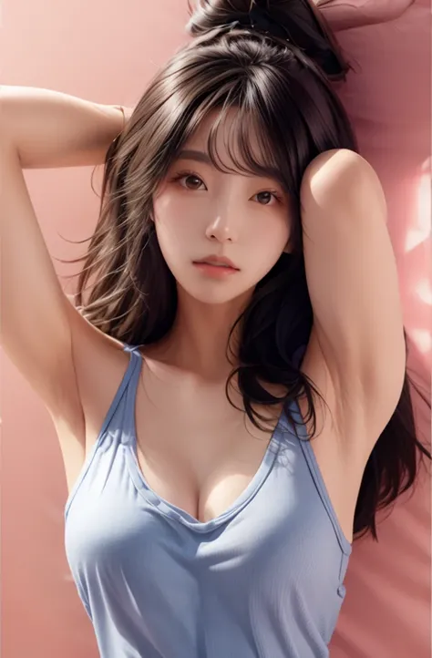 14 years old woman, long hair, white skin, korean, double eyelids, black oversized tank top, normal breast, beautiful eyes, show clean armpit, two arms behind head, brown eyes, daylitght, in the street facing forward, high detail, 8k, high quality, HD, hig...