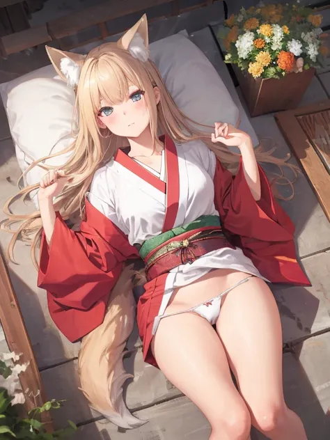 masterpiece, highest quality, Very detailed, 16k, Ultra-high resolution, Cowboy Shot, One 14-year-old girl, Detailed face, Perfect Fingers, Fox Ears, tail, Golden Eyes, Blonde, Long Hair, Red kimono, White panties, japanese mansion, wooden building, Japane...