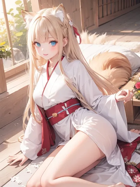 masterpiece, highest quality, Very detailed, 16k, Ultra-high resolution, Cowboy Shot, One 14-year-old girl, Detailed face, Perfect Fingers, Fox Ears, tail, Golden Eyes, Blonde, Long Hair, Red kimono, White panties, japanese mansion, wooden building, Japane...