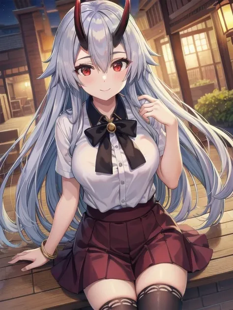 masterpiece, best quality, tomoe gozen, torino style, 1person, adult, red eyes, cute smile, hair between eyes, silver hair, very...