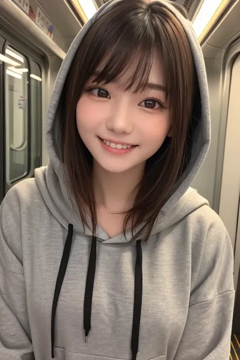 masterpiece, highest quality, One Girl, (Beautiful girl, Delicate girl:1.3), (15 years old:1.3), Very fine grain definition, (Symmetrical eyes:1.3), (Inside the train:1.2), (hoodie:1.3), Small breasts, Brown eyes, Parted bangs, Brown Hair, , (Eyes and faci...