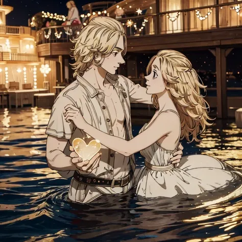 romantic couple look at each other，blonde-haired boy，girl with brown hair，glowing stars，glow effects，heart-shaped bubbles，the ni...