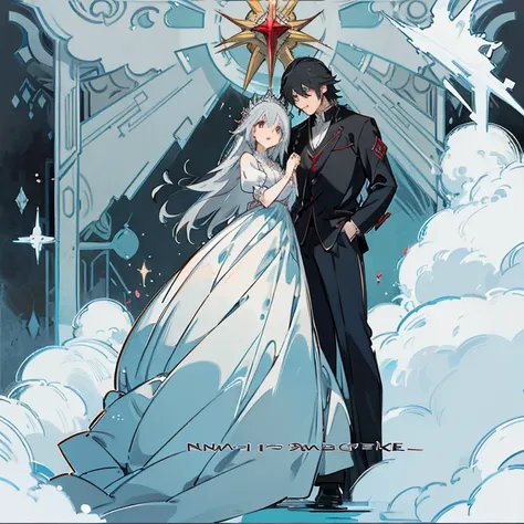 Beautiful anime art: divine couple: a cold girl with silver hair in a blue and white flowing dress and a dark, strong guy with black hair in scarlet and black flowing clothes


