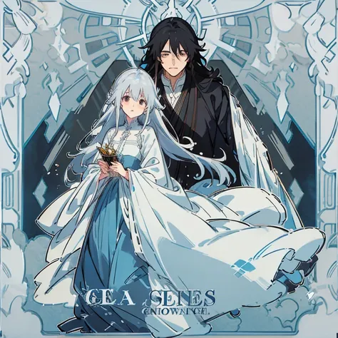 Beautiful anime art: divine couple: a cold girl with silver hair in a blue and white flowing dress and a dark, strong guy with black hair in scarlet and black flowing clothes


