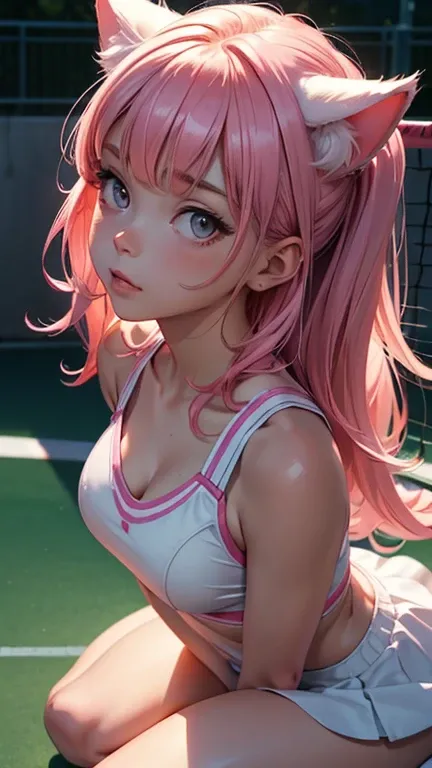 (high resolution, upper body, soft skin:1.2),(best illustration,masterpiece:1.2),ultra-detailed,[(cat ears ,pink inside:1.2),vivid colors,sharp focus,portrait,studio lighting,bokeh, wearing a tennis uniform, tennis courts background, dusk, full body portra...