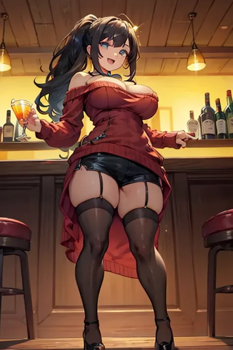 (from below:1.5),(from side:0.9), ((Face)), (Close-Up:1.2), masterpiece,"A 26-year-old girl stands at a bar counter. She is dressed in a stylish off-shoulder dress, sweater dress, off-shoulder sweater, red sweater,garter stocking, cleavage:1.1, midriff, bl...