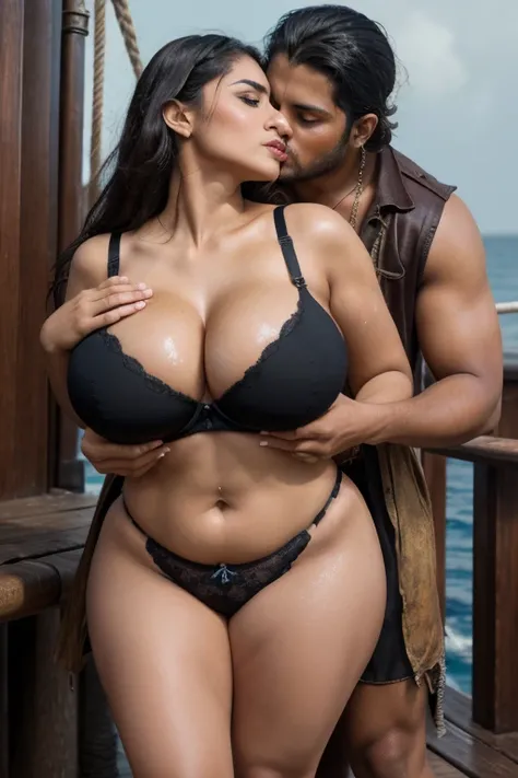 (forcefully group of men grabbed her thighs and squeezing breast from behind:1.2) ,Indian mother As captain of pirates (creative bend down pose:1.2),( aggressive couple kissing:1.4) pirates ship(ocean), Hot 🔥 and humid weather, deck of ship, clothes wornou...