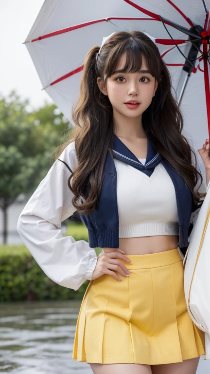 highest quality，woman，Big twin tails，Blunt bangs，Curly Hair，Soft wavy hairstyle，bright、Has a lively expression，Healthy and bright skin tone，Thick lips，From below，whole body，Looking at the camera，Cinema Lighting，Western-style building，Big Breasts，Cinema Lig...