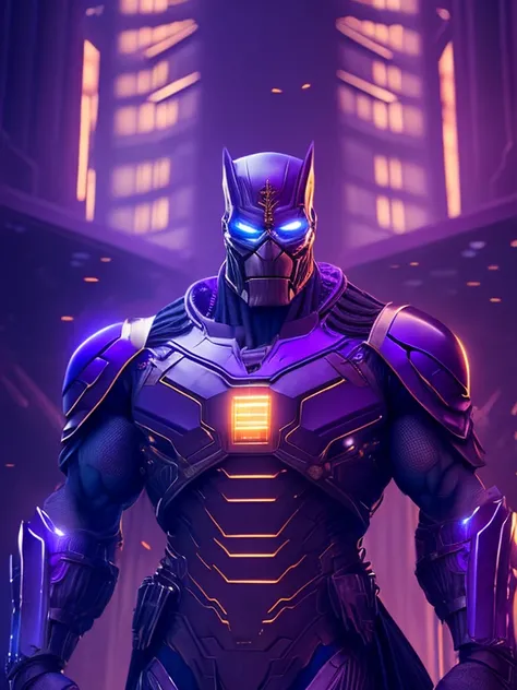 somber portrait of Terminator Thanos from Marvel with intricate angular cybernetic implants inside a brutalist building, gothic brutalist cathedral, cyberpunk, award-winning photo, bokeh, neon lights, cybernetic limb