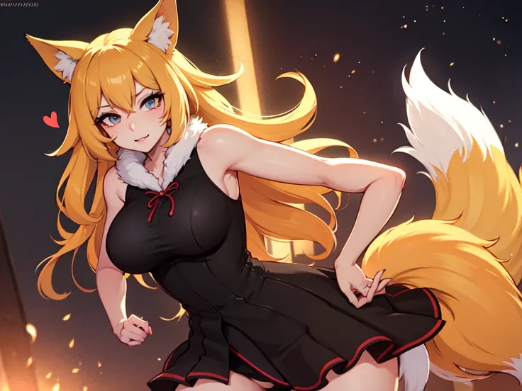 best quality, masterpiece, high resolution, CG, 1 Girl, Animal ears, Tail, Fox ears, Solitary, fox Tail, Large Breasts, High Leg Raise, Blonde hair, multiple Tails, large breasts, Heart, Long hair, Hands on Hips, cleveage, black High Leg Raise, Looking at ...