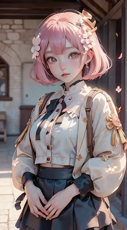 (best quality,8k,anime:1.2),ultra-detailed,realistic:1.37,detailed beautiful eyes,detailed lips,not unnatural hands,girl,alone,pink bob cut,gold crown,flower hair accessory,sagging eyes,red mini skirt,Yui