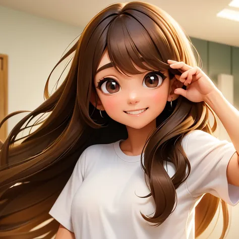 high resolution、high quality、hair is straight、brown and long、aiko-chan with big eyes、smile、wearing a white t-shirt、20-year-old