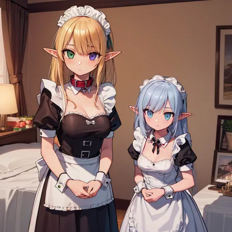 (best quality, masterpiece, uncensored, high quality, ultra detailed, extremely detailed CG, beautiful face, beautiful eyes, beautiful hair), ((((solo)))), ((((1girl)))), ((((Light blue long hair)))), (((((Elf))))), ahoge, heterochromia, small breasts, (((...