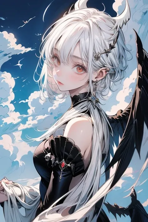 2girl,cute,the girl is white hair and devil girl,she has a black wing,another girl is black hair and angel girl,she has a white wing,,brilliant,glorious,above the clouds