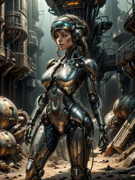 a stranded female cyborg soldier in an abandoned battle starship shipwreck, metal cable wire, circuit cables, dystopian futurist...